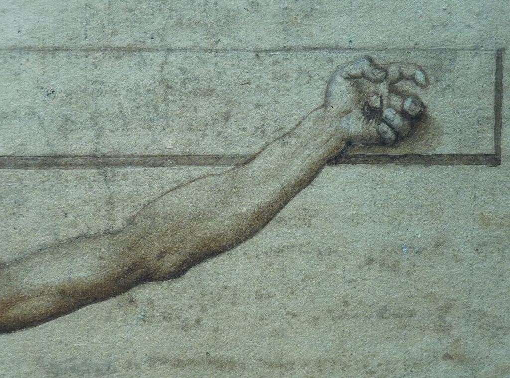 Jesus nailed hand on cross on marble stone