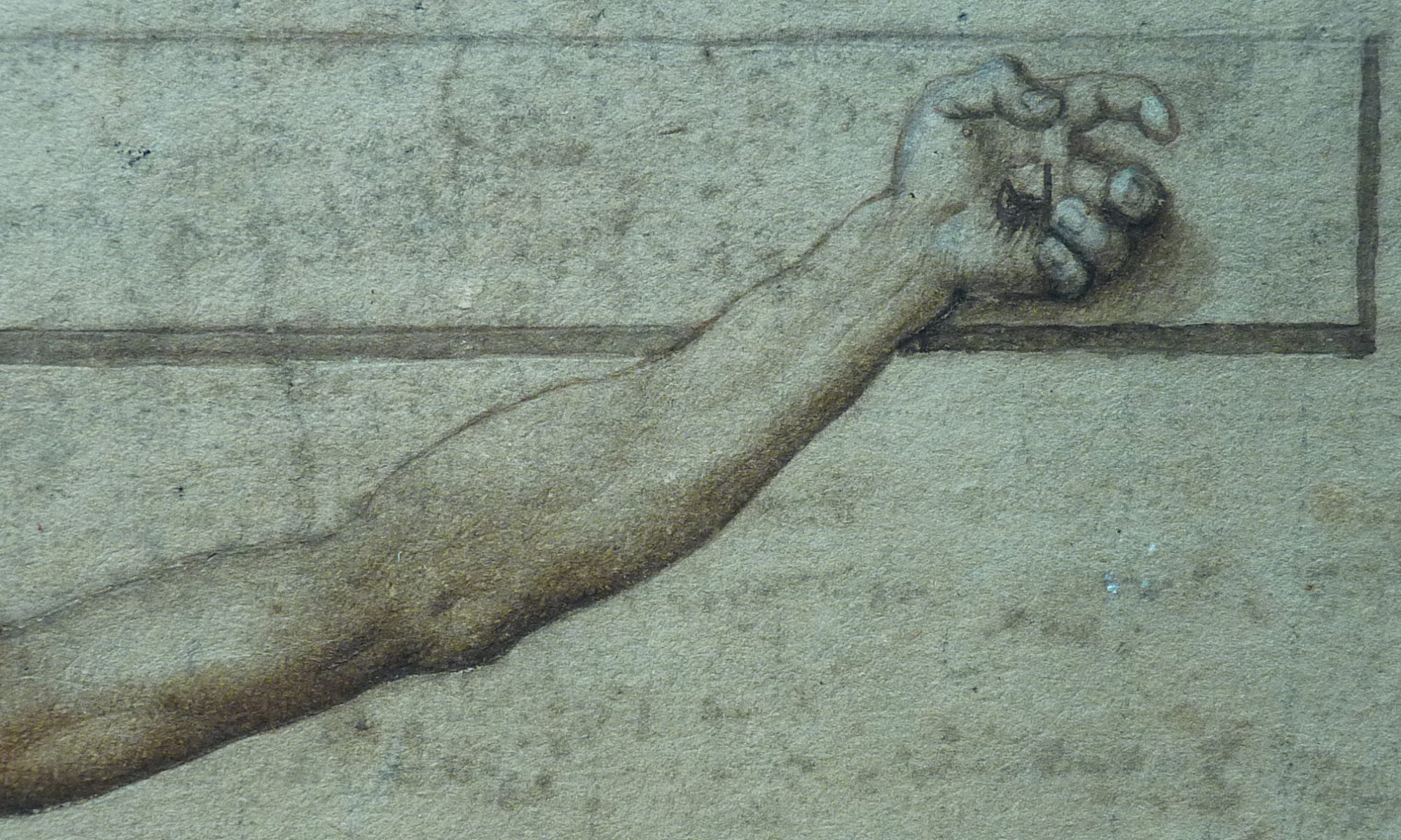 Jesus nailed hand on cross on marble stone
