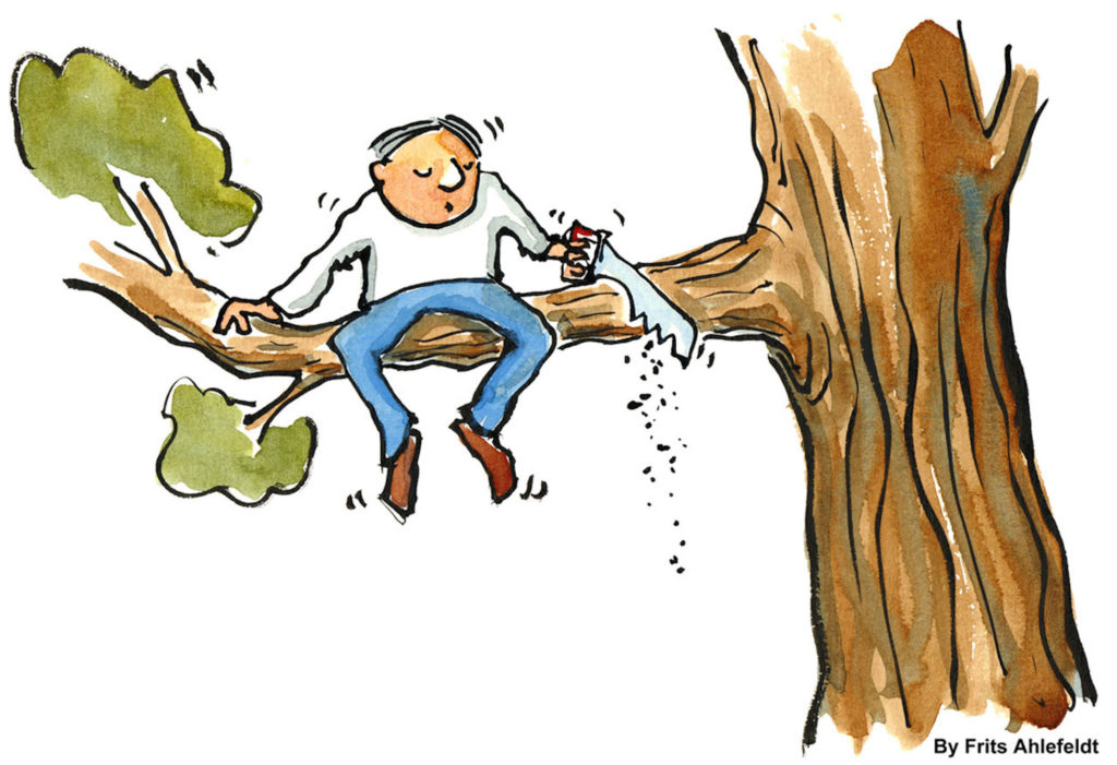drawing of man sitting on side of tree branch that he's cutting off