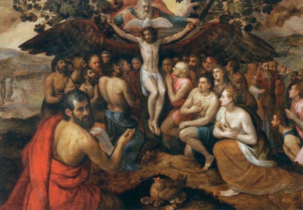 Frans Floris painting, The Sacrifice of Jesus Christ Son of God Gathering and Protecting Mankind