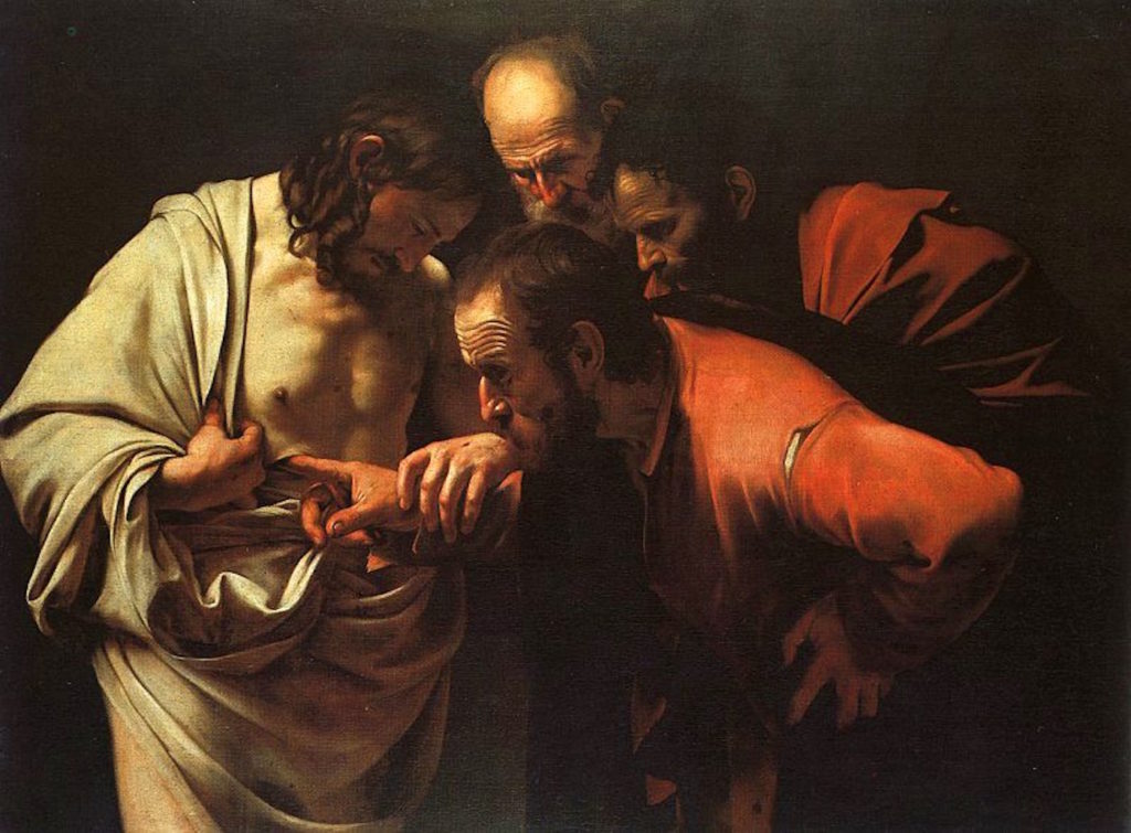 Doubting Thomas putting his fingers in Jesus' side, painting